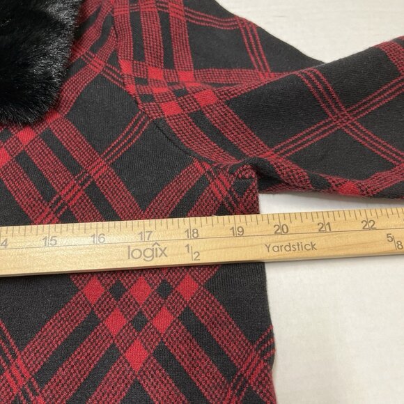 Anne Klein Sweater Jacket M Red Plaid Black Faux Fur Collar Full Zip Cardigan - Picture 12 of 13